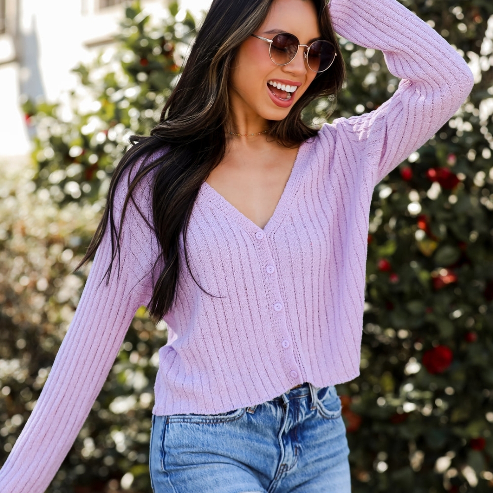 Lumiere Purple Ribbed Knit Cardigan Sweater